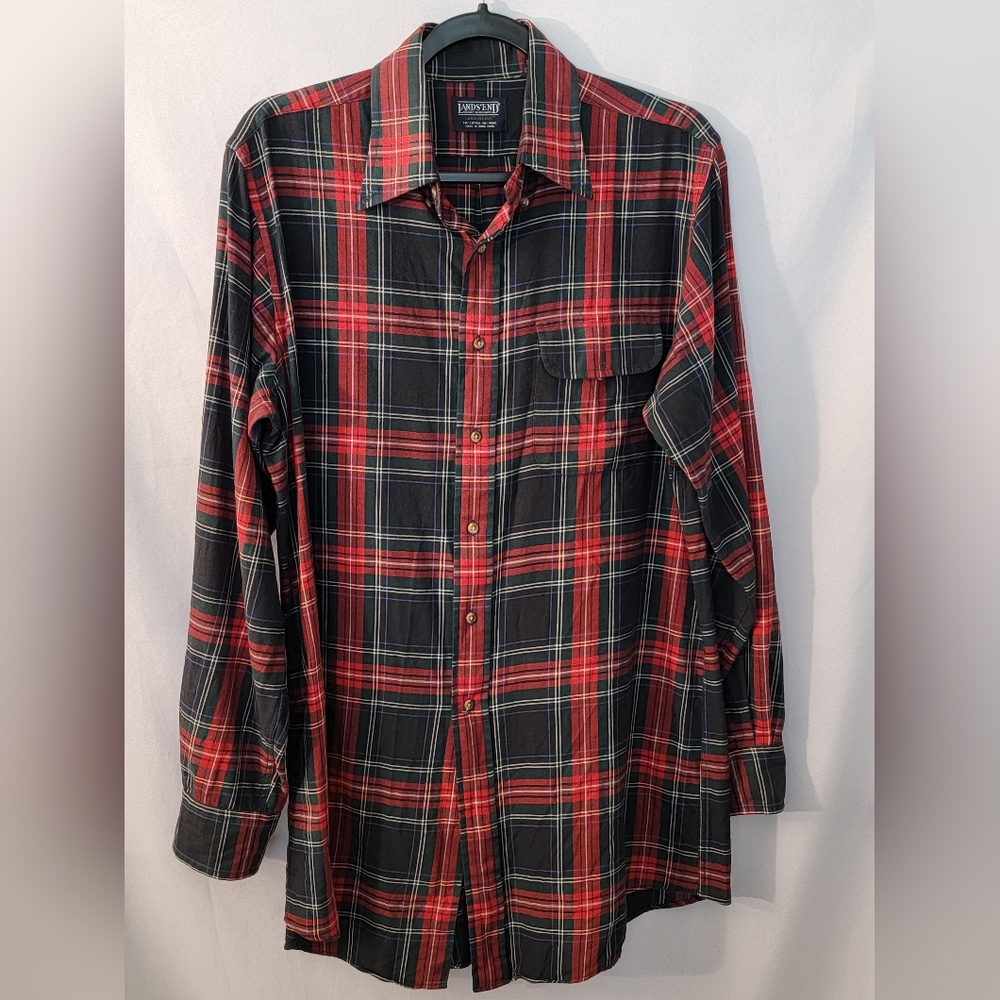 Lands' End Wool Blend Red and Green Plaid Shirt Size M Long